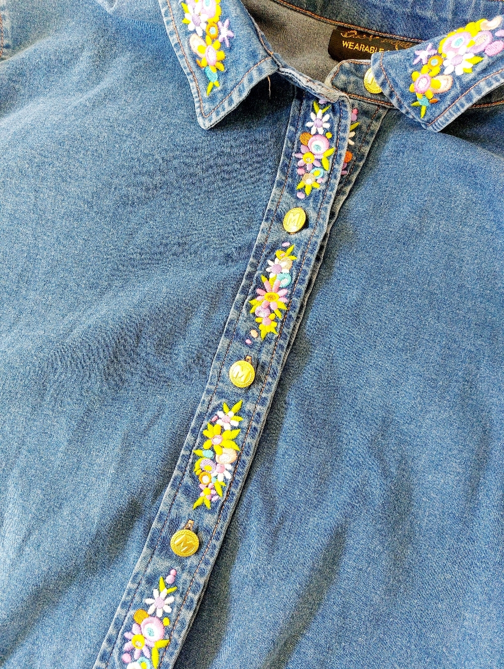 Maypole Spring Floral Embroidered Denim/Chambray Shirt 3X Bob Mackie May Day - Picture 4 of 7